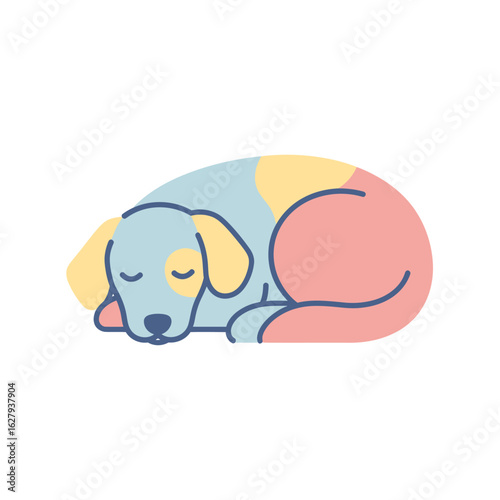 A stylized illustration of a contented dog peacefully sleeping curled up in a relaxed pose, showcasing a simple, modern design with soft pastel colors.