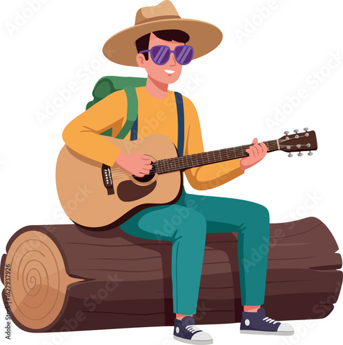 Young man playing acoustic guitar sitting on log outdoors casual style vector illustration 
