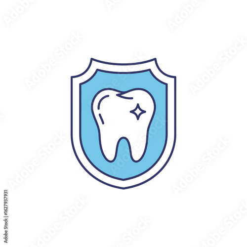 A sparkling white tooth protected by a blue shield, symbolizing dental care and oral hygiene.