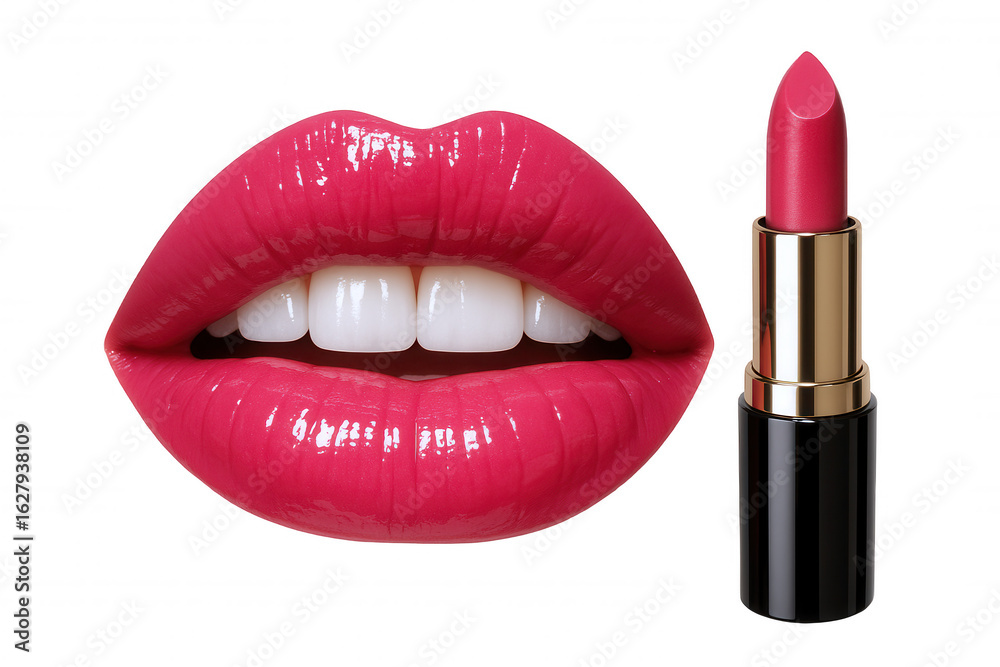 Obraz premium Vibrant Pink Lipstick and Glossy, Smiling Lips with Perfect White Teeth, Close-Up Studio Shot