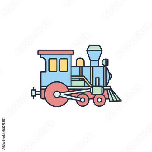 A stylized, colorful illustration of a classic steam locomotive with a red base and blue body, ready for travel.