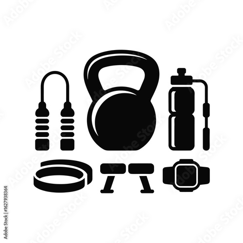 Black silhouette icons of fitness equipment including kettlebell and jump rope exercise