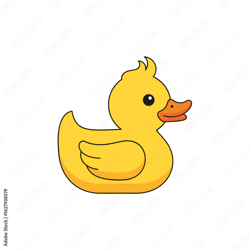 Fototapeta premium Cartoon illustration of a yellow rubber duck with orange beak and black eyes.