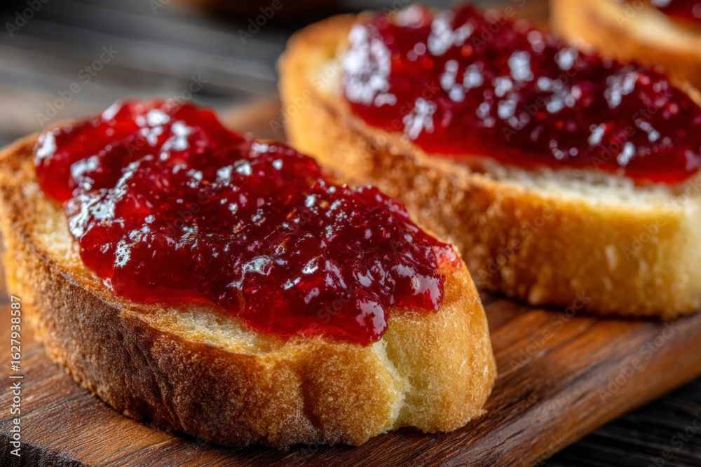 Freshly toasted bread topped with rich berry jam served on a wooden platter in a cozy kitchen setting Freshly toasted bread topped with rich berry jam served on a wooden platter in a cozy kitchen setting