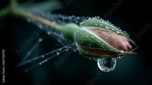 A delicate rose bud covered in water droplets and spiderwebs