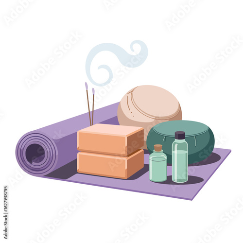 Yoga Mat Blocks Incense Sticks and Essential Oil Bottles on White Background meditation