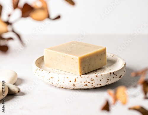 Artisanal Handmade Soap on Elegant Ceramic Dish: A Luxurious Bath and Body Experience