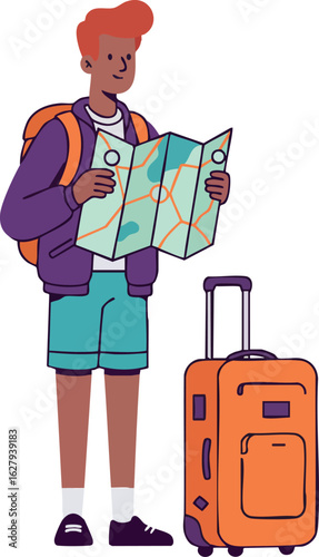 Young traveler with map and orange suitcase exploring new places vector illustration 