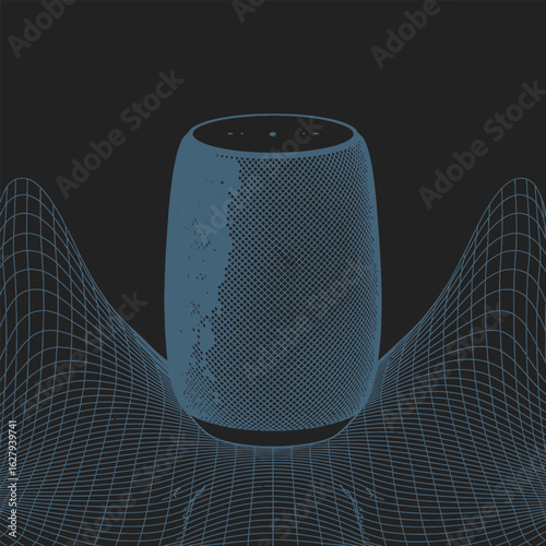 Smart speaker with glowing blue sound wave patterns on a dark background audio music