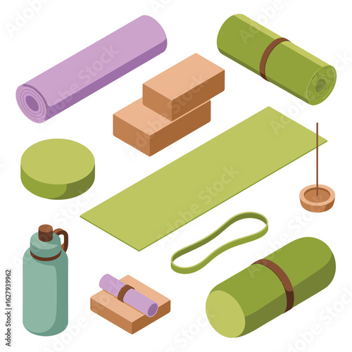 Assorted yoga and fitness items in isometric view on white background yoga mat yoga blocks