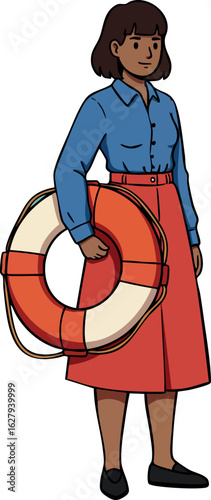 Woman holding lifebuoy safety ring in casual clothes vector illustration 