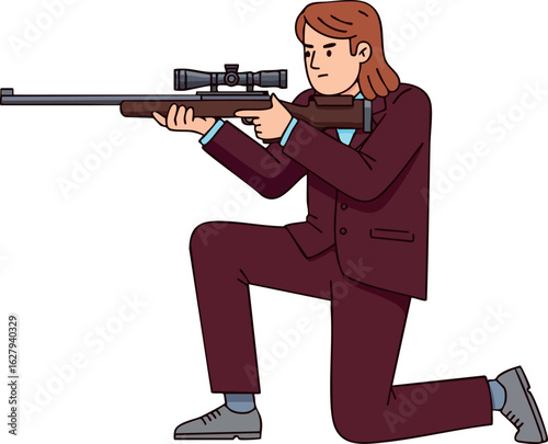 Man in suit aiming with sniper rifle in kneeling shooting position vector illustration 