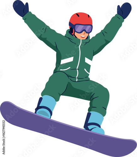 Snowboarder in green outfit performing jump on purple snowboard winter sports vector 