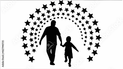 Silhouette pattern featuring mountains, pine trees, and a father and child holding hands in black