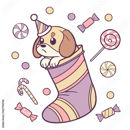 Vector illustration of a Shy Dog with snuggled in a sock, styled in a Birthday theme using Candy Shop colors