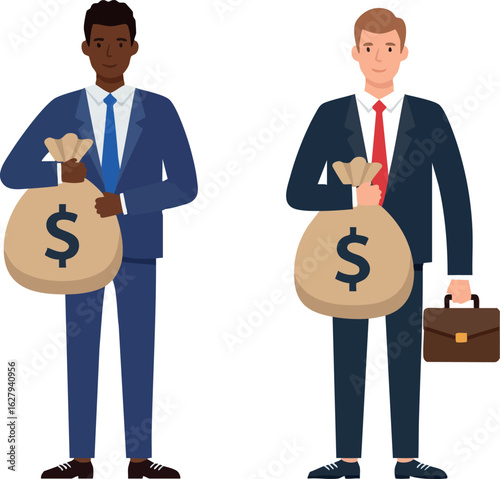 Businessmen holding money bags and briefcase in professional suit vector illustration 