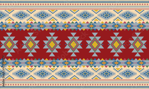 A bold modern tribal geometric pattern with symmetrical shapes and vibrant color contrasts. Perfect for textiles, fashion, and boho-inspired design.