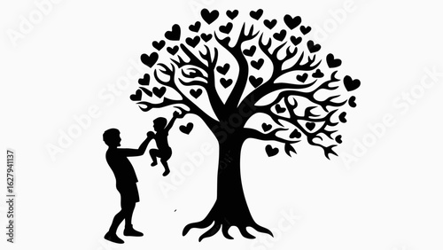 Illustration of a father and child among stylized floral patterns in black and white repeating design style silhouette