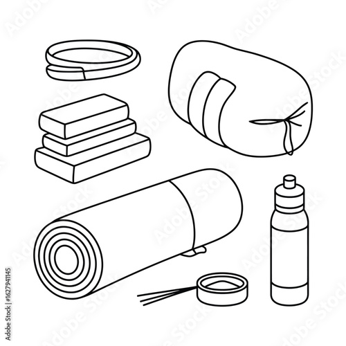 Outline illustration of yoga and meditation accessories on white background bolster