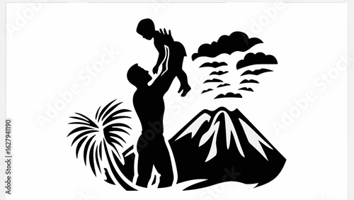 Repeating pattern of silhouetted figures carrying branches with leaves on a white background design art