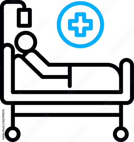 Vector of patient in hospital bed. Hospital patient in ward. Person lying in hospital bed line art drawing vector illustration. Emergency
