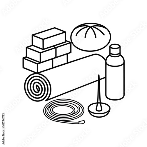 Isometric line art of yoga and meditation accessories wellness relaxation