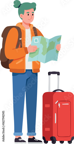 Young woman traveler with green hair holding map and red suitcase vector illustration