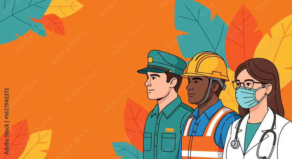 A vibrant illustration celebrates Labor Day, featuring diverse essential workers in a colorful, inviting design suitable for various celebratory and appreciation-themed projects and campaigns. A vibrant illustration celebrates Labor Day, featuring diverse essential workers in a colorful, inviting design suitable for various celebratory and appreciation-themed projects and campaigns.