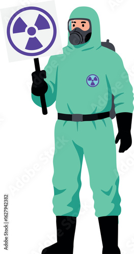 Person in Hazmat Suit Holding Radioactive Sign Vector Illustration for Safety and Hazard Awareness 
