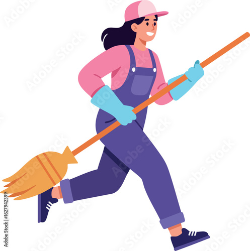 Woman running with broom in purple overalls and pink cap vector illustration 