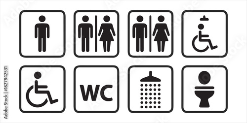 Collection of Restroom and Shower Facility Icons for Public Spaces Black and White Simple Symbols