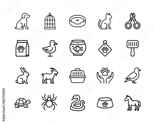 Pets Vector Icon Set-Cat, dog, rabbit, turtle, bird, grooming, pet food, animal care, cage, fish tank, pet accessories, pet adoption icons