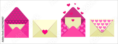 Pink paper envelopes with hearts. Valentine's Day. Romantic confessions. Love. 3D vector illustration.