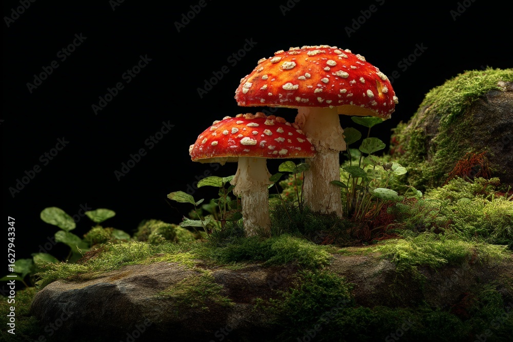 Fototapeta premium Bright red mushrooms grow on a mossy rock in a dark forest setting during the early evening hours