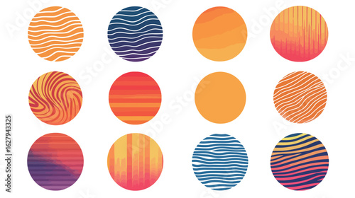 Retro striped sunset design in circular shapes featuring warm gradient colors and horizontal lines, capturing nostalgic vibes and vintage aesthetics, ideal for graphic art, apparel prints, posters, 