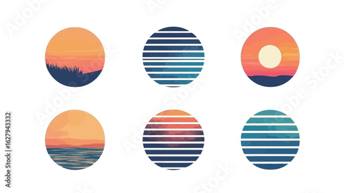 Retro striped sunset design in circular shapes featuring warm gradient colors and horizontal lines, capturing nostalgic vibes and vintage aesthetics, ideal for graphic art, apparel prints, posters, 