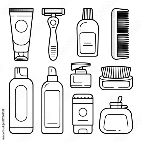 Collection of Bathroom Hygiene and Grooming Items Line Art razor comb