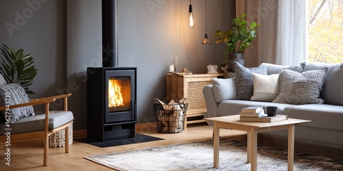 Modern living room with a wood-burning stove.  Cozy grey sofa and wooden furniture, complemented by warm lighting and a touch of nature