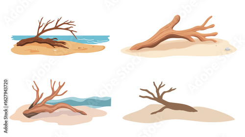 Vector graphic of a sandy beach with driftwood scattered along the shore, capturing the natural coastal scenery, ideal for nature themes, seaside designs, outdoor adventure, and environmental concepts