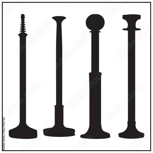 Vector art of four silhouetted engine valves isolated on white background