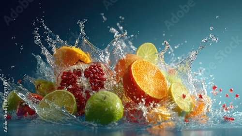Fresh fruits splashing in water on a blue background
