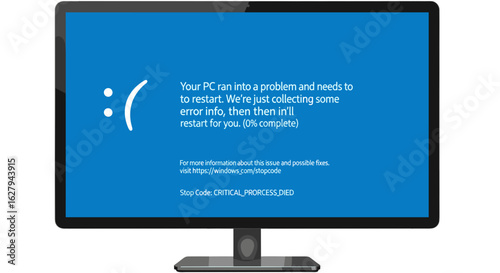 Blue Screen of Death Error Computer Crash Displaying Sad Face and Technical Glitch Information isolated on transparent background