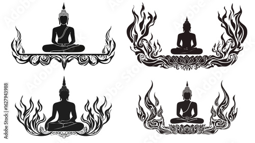Silhouette art of Buddha sitting in lotus pose with calm and peaceful meditation posture, symbolizing spirituality, mindfulness, inner peace, and enlightenment, ideal for religious, wellness, yoga, 