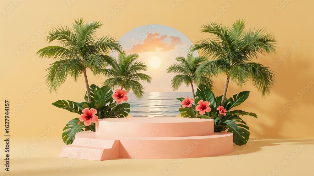 Fototapeta premium Sunset Terrace: Palm Archway and Coral Platform