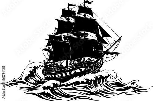 Vector art of black silhouette of a sailing ship on stormy waves