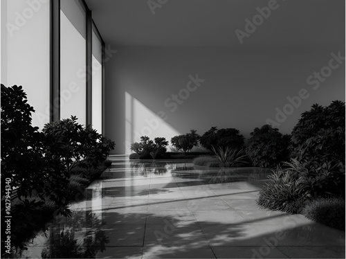 Modern indoor pool – Luxurious indoor swimming pool with sunlight streaming, modern architecture, plants and calm atmosphere.