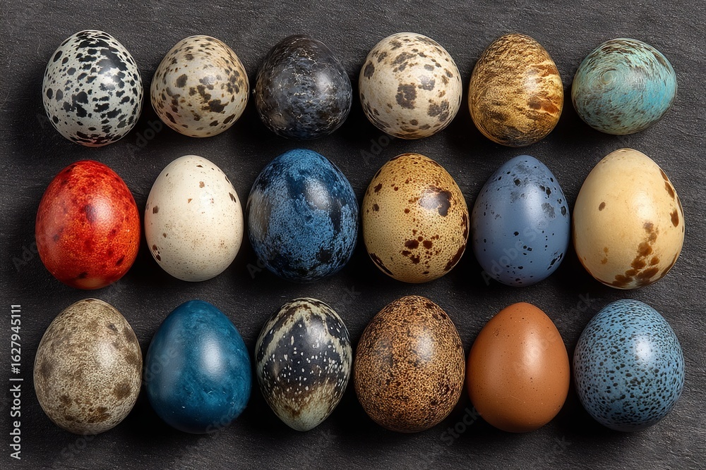 Obraz premium Variety of decorative eggs displayed on a dark surface showcasing unique colors and patterns during a spring celebration