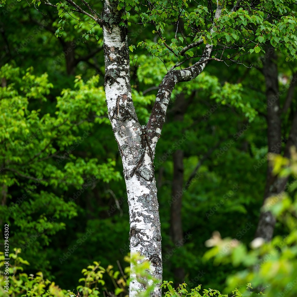 Fototapeta premium Birch tree in a lush forest