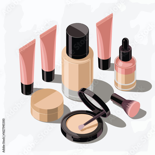 Assortment of cosmetic products including foundation and makeup brushes cosmetics