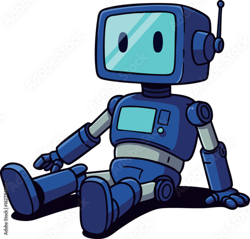 Sitting blue robot with antenna and digital screen vector illustration 
